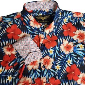 Premiere Mens Large Long Sleeve Tropical Hibiscus Floral Button Down Shirt